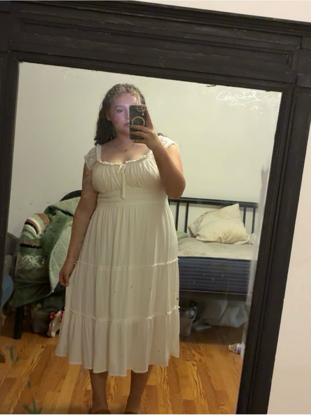 Light Cream Tiered Midi Dress with Tie Front and Cap Sleeves